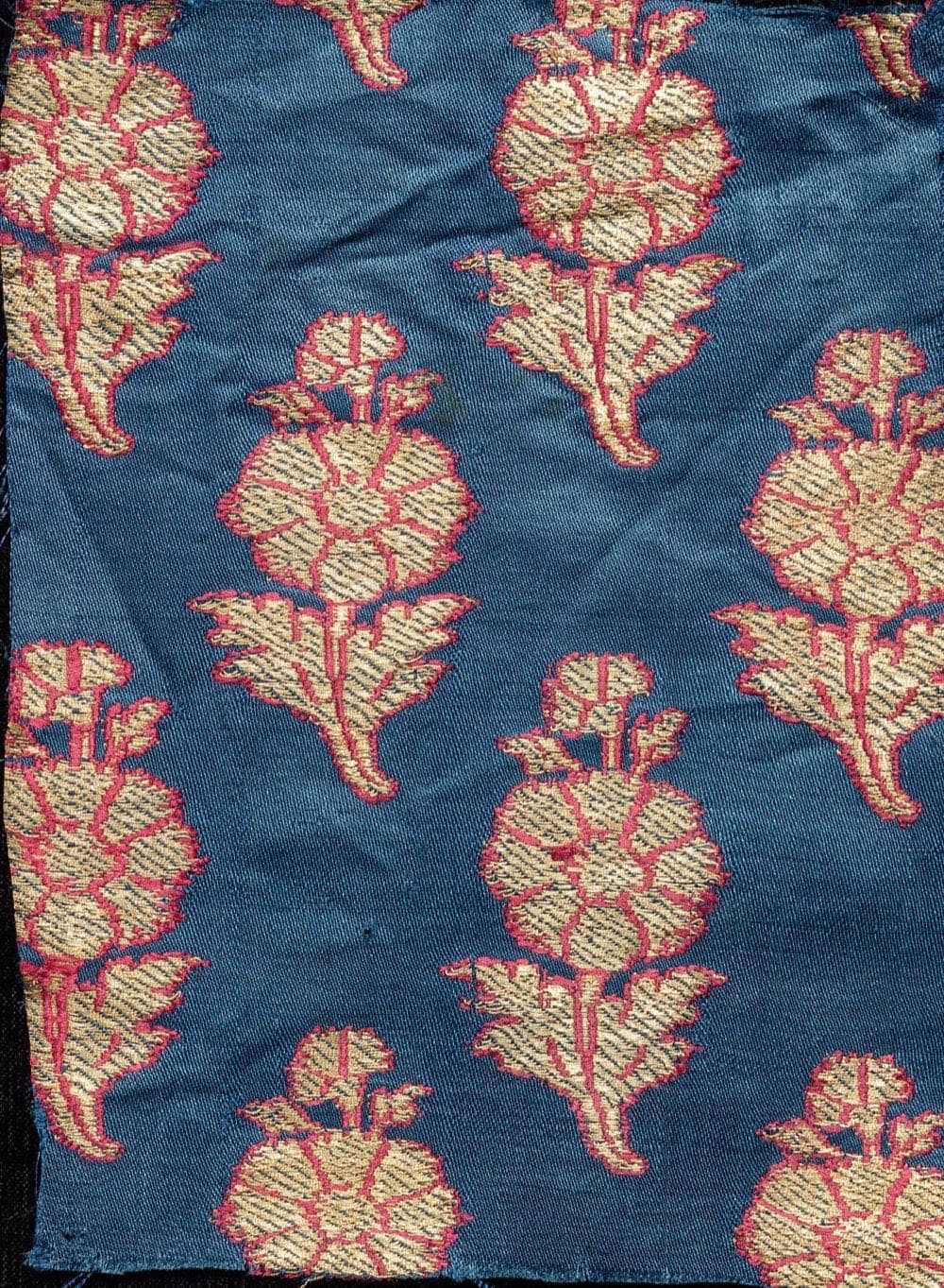 Indigo silk with woven gold marigold sprays