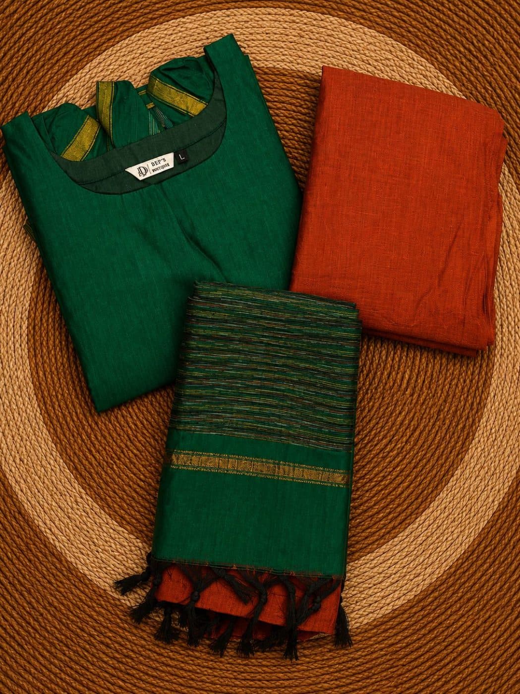 Premium Raw Silk Green  Orange set