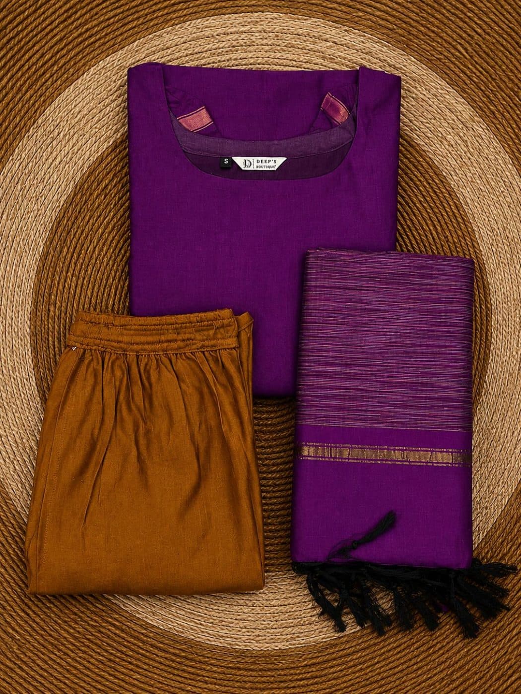 Pochampally Cotton Elegant Plum Purple Mustard Set